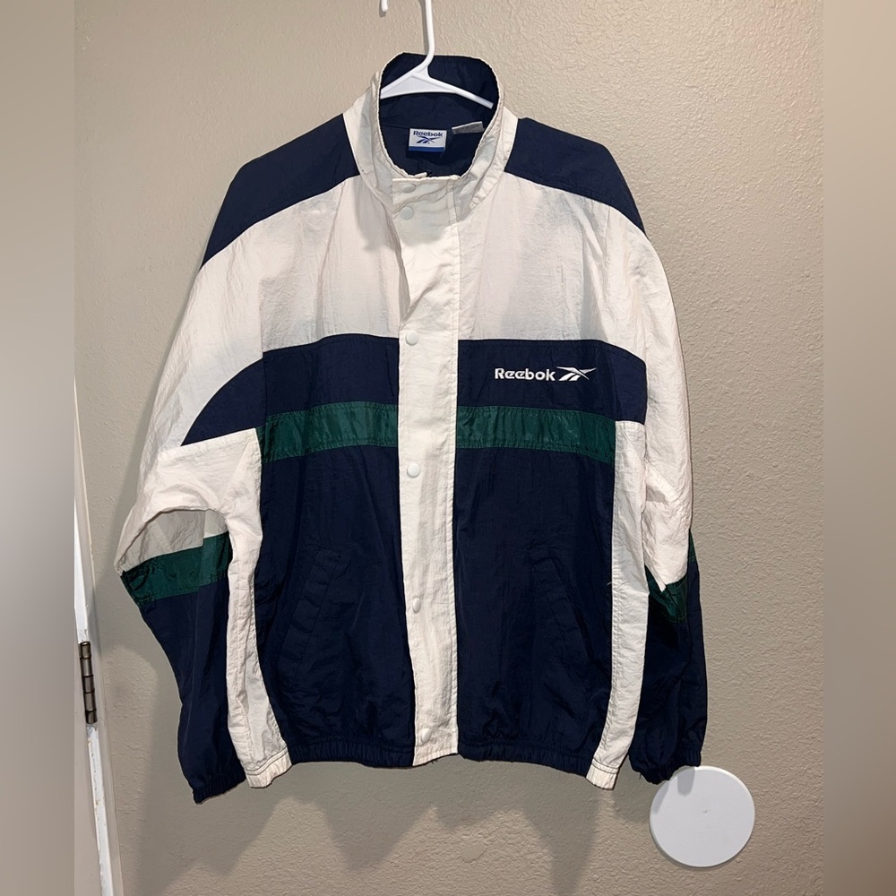 Vintage 90s Reebok Vector Spellout Windbreaker Jacket Navy Green White Medium